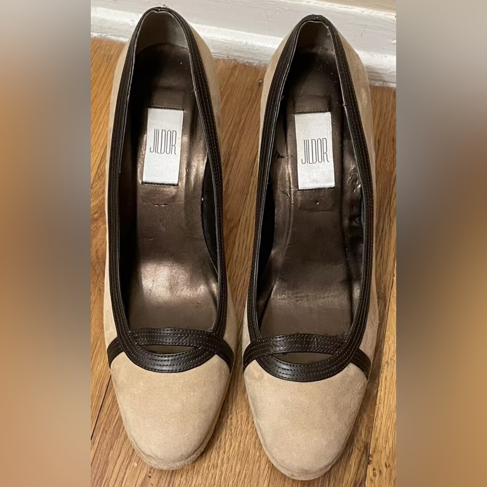 JILDOR taupe beige brown leather suede heels shoes 9.5 m